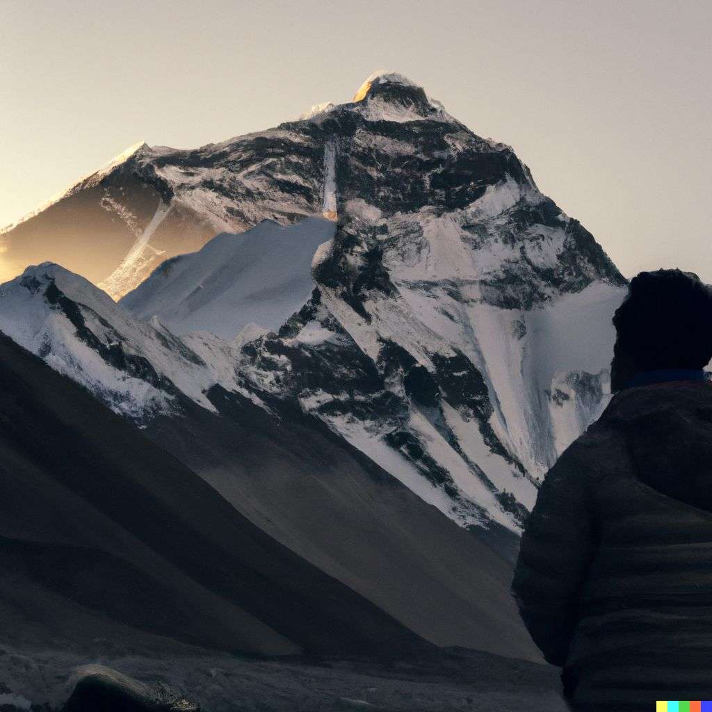 someone gazing at Mount Everest, photograph, backlit lighting